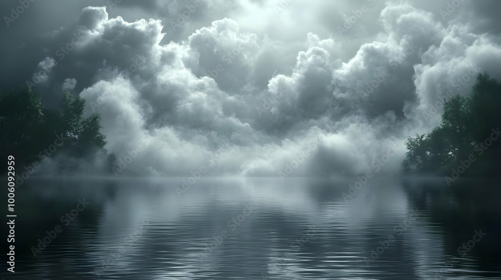 Foggy Lake with Dramatic Clouds