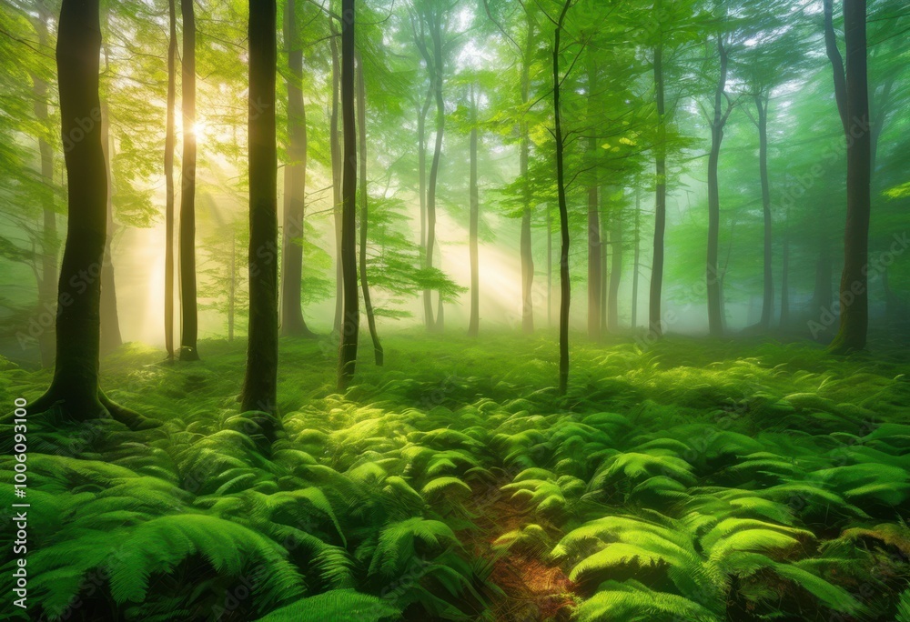 Obraz premium enchanting misty forest landscape dawn gentle sunlight filtering through lush green trees delicate fog rolling over serene ground, nature, silhouette