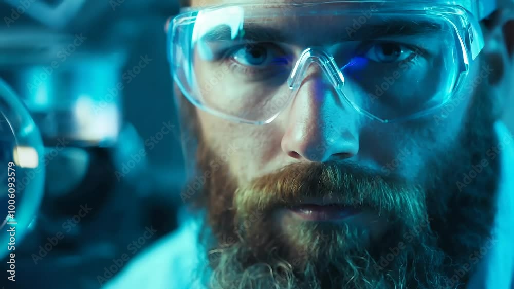 Close-up of Bearded Man in Safety Glasses in Laboratory Setting Close-up of Bearded Man in Safety Glasses in Laboratory Setting