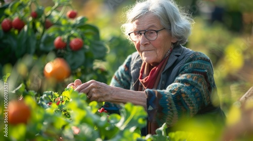 Senior woman harvesting fresh vegetables from her vibrant backyard garden