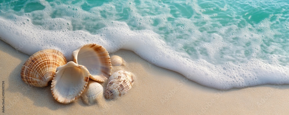 Seashells on sandy beach with ocean waves Seashells on sandy beach with ocean waves