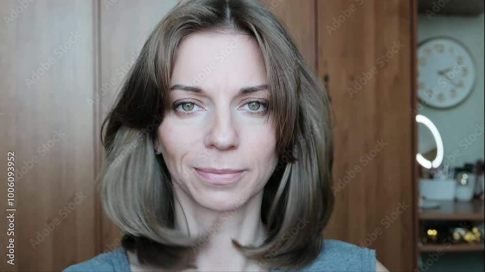 Young happy woman straightens her hair and looks at the camera. Close-up. Young happy woman straightens her hair and looks at the camera. Close-up.