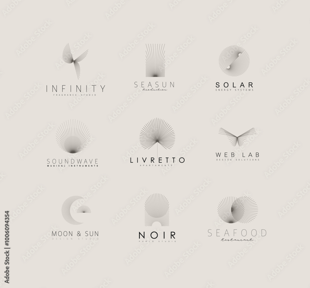 Geometric abstract labels with text and thin lines drawing on beige background