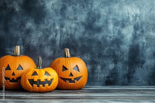 Funny Halloween ghost and Halloween pumpkins with space for text background. Halloween concept background - generative ai