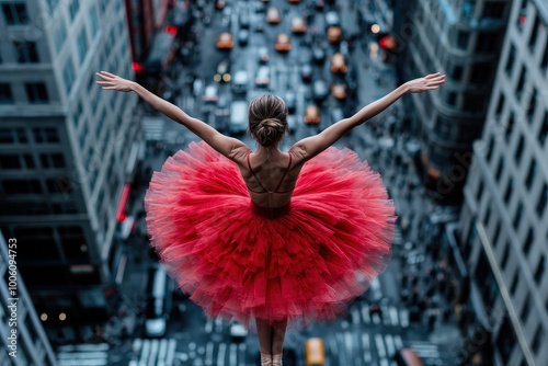 A ballerina in a striking red tutu stands poised on a rooftop, overlooking a bustling city street below, capturing the dynamic interplay of art and urban life.