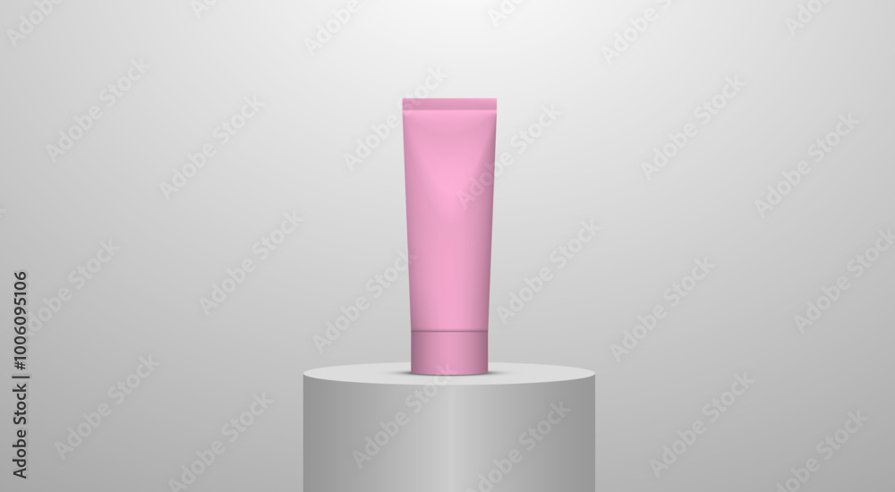 pink blank cosmetic tube on red podium in white room background pink blank cosmetic tube on red podium in white room background