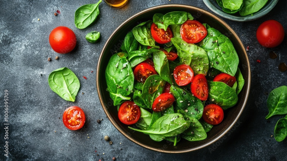 Fresh Spinach and Tomato Salad in a Bowl Fresh Spinach and Tomato Salad in a Bowl