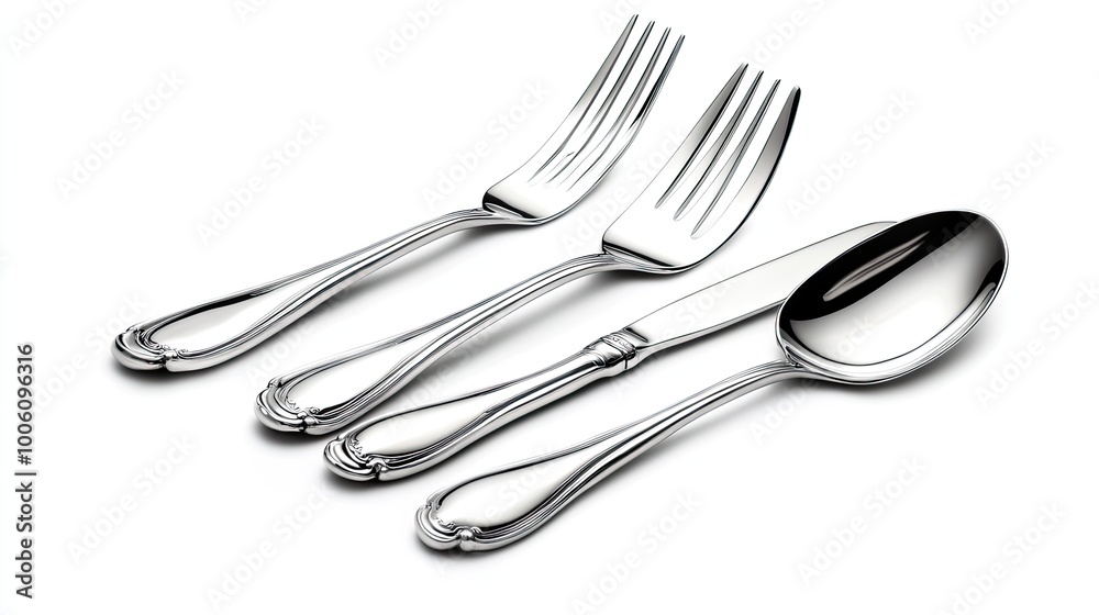 Elegant Silver Cutlery Set on White Background Elegant Silver Cutlery Set on White Background