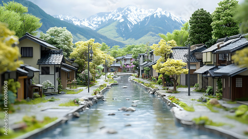 Peaceful Stream Flows Through Quaint Village in Mountain Valley
