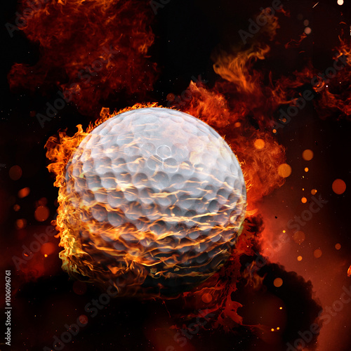 Fotografía golf ball with Flames on Dark Background.