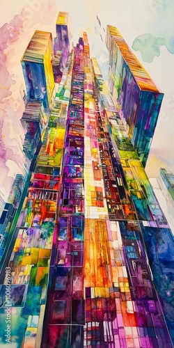 Wallpaper Mural Watercolor artwork of a futuristic skyscraper, showcasing a blend of vibrant colors and soft, abstract shapes. Torontodigital.ca