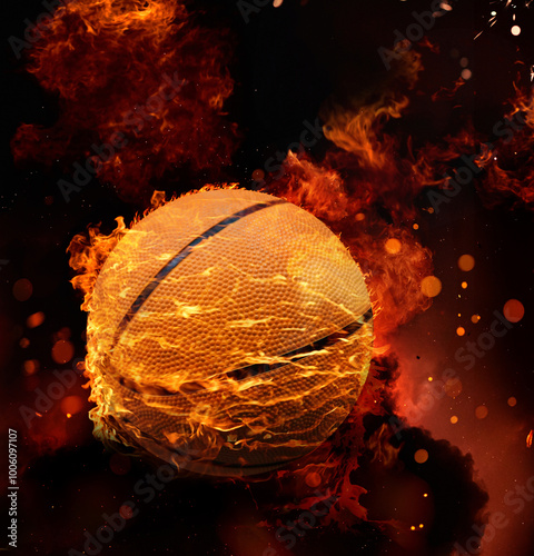 Fotografía basketball with Flames on Dark Background.