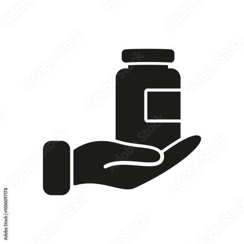 Hand Holding Supplement Bottle Silhouette Icon. Health, Wellness, Dietary and Vitamins. Isolated Vector Illustration