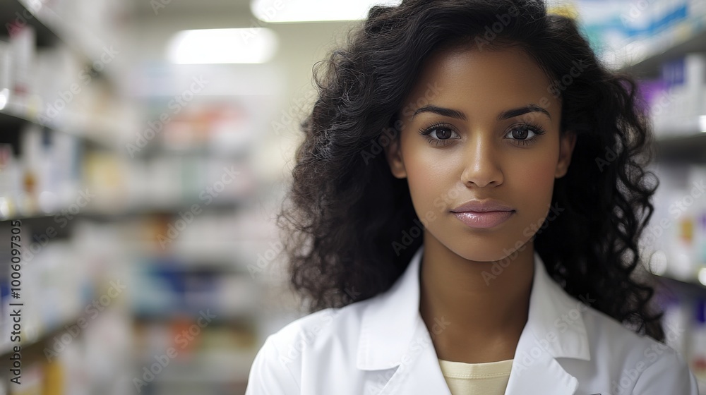 Female Pharmacist: Young Woman Using Online Technology to Check Health Care Products on Shelf Female Pharmacist: Young Woman Using Online Technology to Check Health Care Products on Shelf