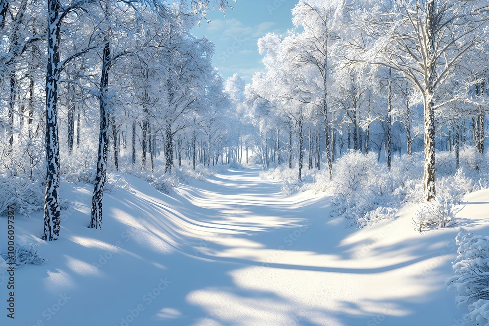 Obraz premium Snow-covered pathway winding through a winter forest during daylight