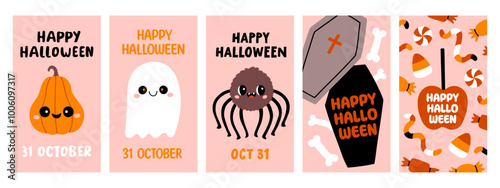 Halloween poster set. Trendy flat style and funny characters. Cute vector poster set for postcard, flyer, banner