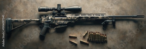 Sniper Rifle: Modern Military Arsenal with Telescopic Scope, Bipod, and Ammo photo