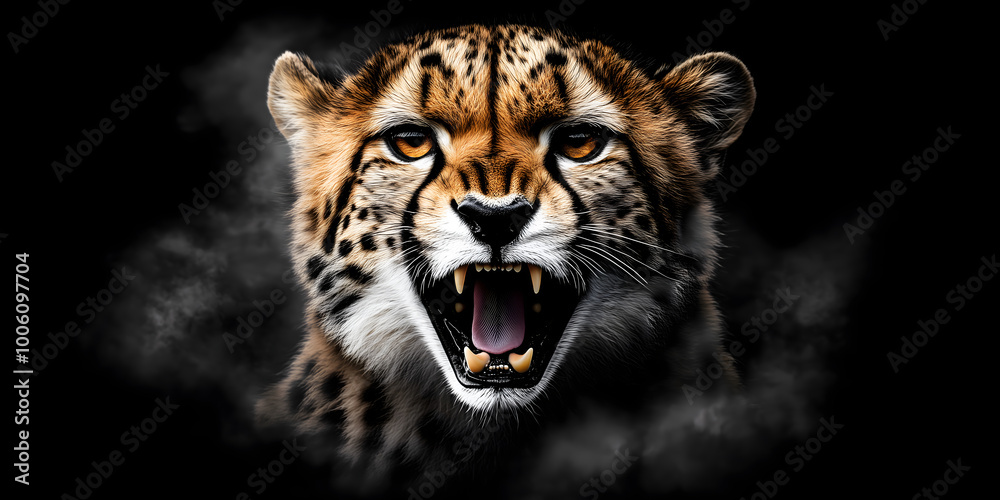 Obraz premium Cheetah Roaring on Black Background with Space for Text