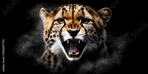 Cheetah Roaring on Black Background with Space for Text photo