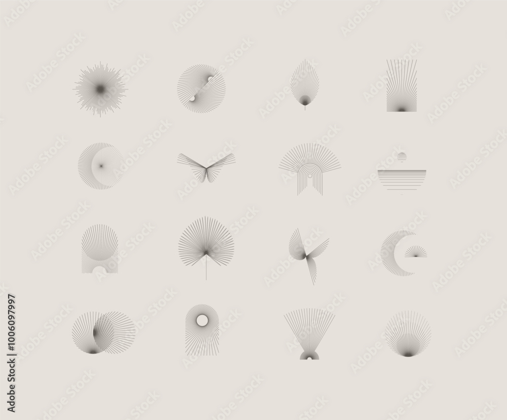 Geometric shapes and symbols with thin lines in abstract style drawing on beige background