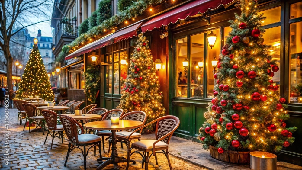 Charming European street café decorated for Christmas, with festive trees, ornaments, and warm lights. Empty tables line the cobblestone path, creating a cozy holiday ambiance in the winter evening. Charming European street café decorated for Christmas, with festive trees, ornaments, and warm lights. Empty tables line the cobblestone path, creating a cozy holiday ambiance in the winter evening.
