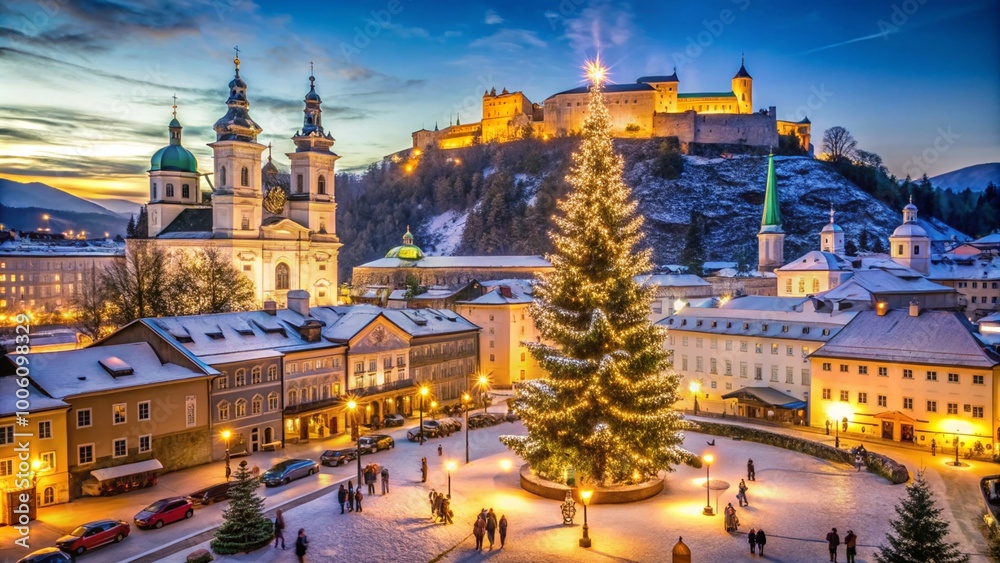 Naklejka premium A beautiful European square at Christmas, featuring a large decorated tree, colorful old buildings, and festive streetlights. The mountains in the background add to the cozy, winter holiday atmosphere