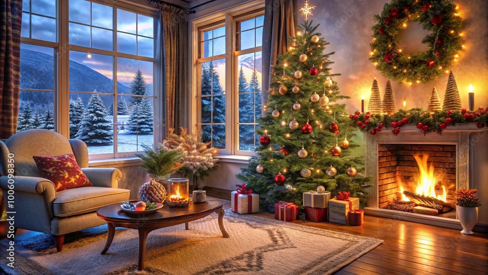 A cozy living room decorated for Christmas, featuring a beautifully lit tree, a wreath above a roaring fireplace, and presents under the tree. Snowy mountains are visible through the large window at s A cozy living room decorated for Christmas, featuring a beautifully lit tree, a wreath above a roaring fireplace, and presents under the tree. Snowy mountains are visible through the large window at s