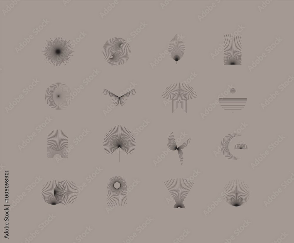Geometric shapes and symbols with thin lines in abstract style drawing on brown background