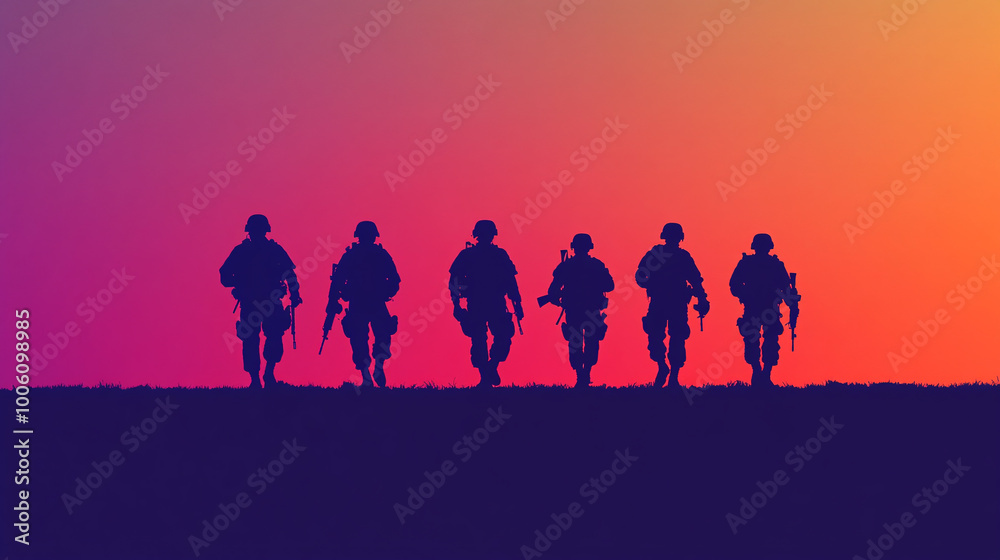 Silhouettes of soldiers against the backdrop of the setting sun. Soldiers with weapons walk one after another. Silhouettes of soldiers against the backdrop of the setting sun. Soldiers with weapons walk one after another.