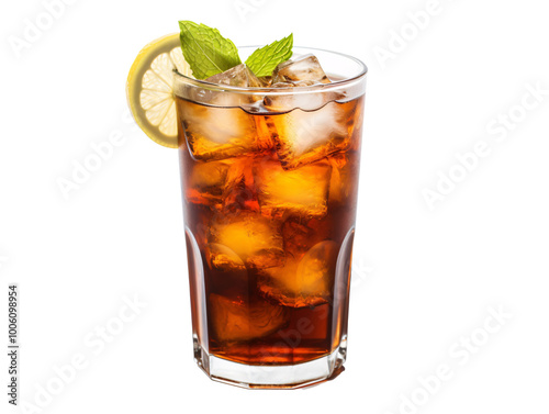 a glass of ice tea with a lemon slice and mint leaf