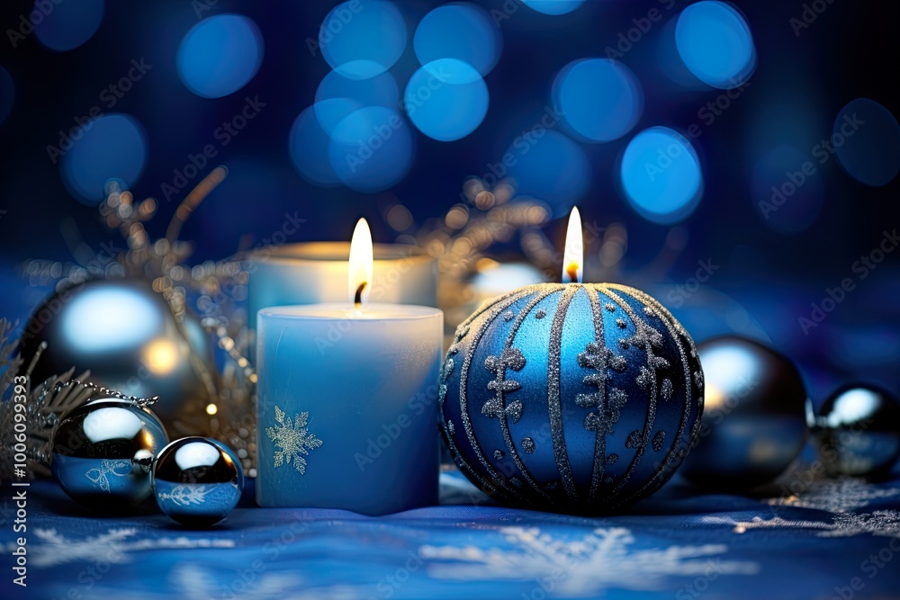 Blue Christmas Ornaments and Candles on Elegant Holiday Table Blue Christmas Ornaments and Candles on Elegant Holiday Table
