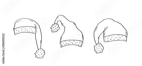 Christmas hat doodle icon set. Santa Claus Hat cartoon illustration hand draw. Vector of isolate on white.