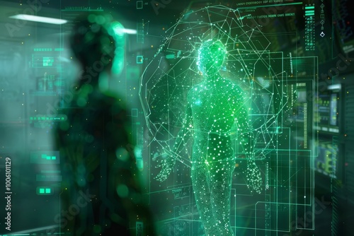 A futuristic interaction between a holographic figure and a person in a high-tech lab during a late-night experiment. Generative AI