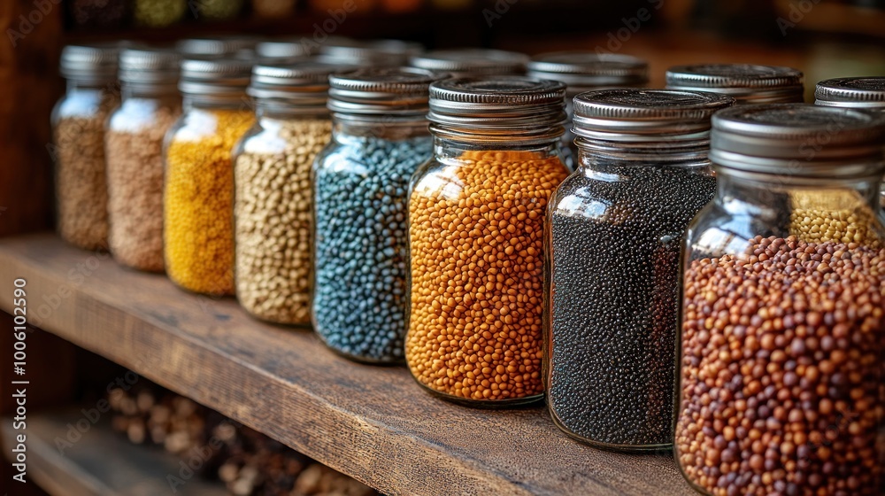 Colorful Glass Jars Filled with Seeds on a Wooden Shelf Colorful Glass Jars Filled with Seeds on a Wooden Shelf