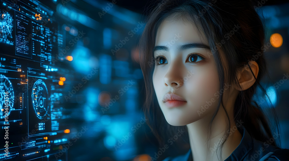 Woman Gazing at Digital Interface with Futuristic Design and Data Woman Gazing at Digital Interface with Futuristic Design and Data