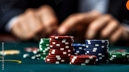 Poker. Large number of chips on green table close-up.