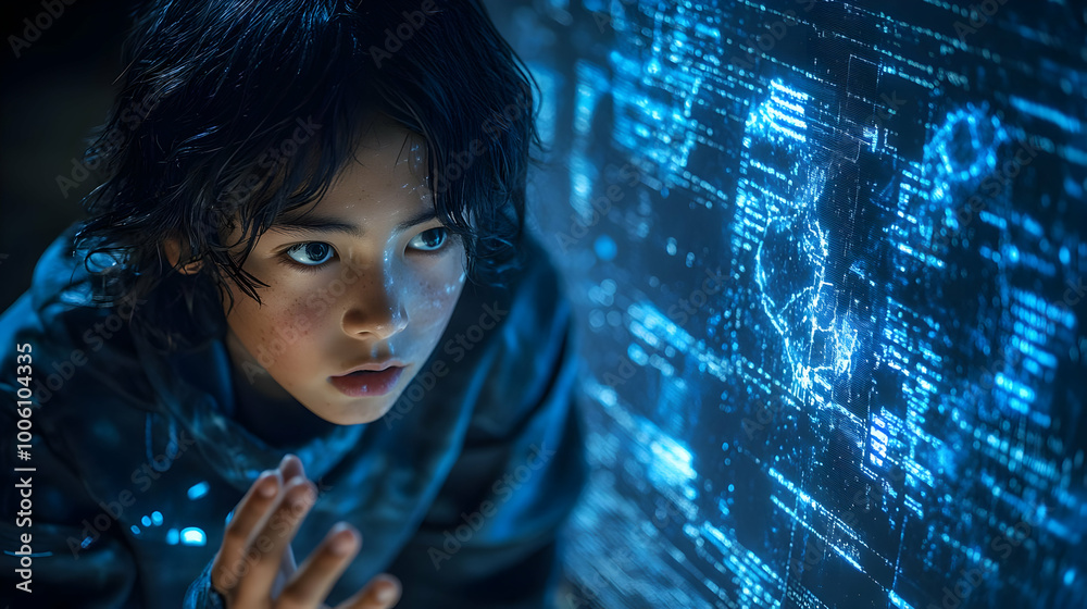 Child Exploring Digital World, Intrigued by Code and Data, Future of Technology Child Exploring Digital World, Intrigued by Code and Data, Future of Technology