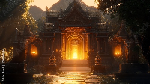 Fototapeta Naklejka Na Ścianę i Meble -  Enchanted temple nestled sunlit jungle forest picture