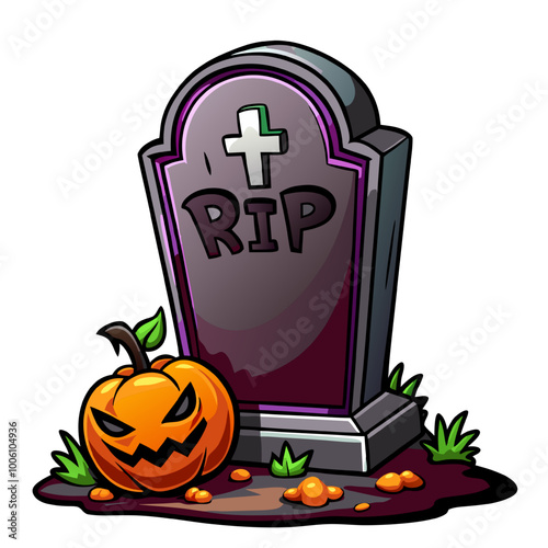 Spooky Halloween Graveyard: A mischievous jack-o'-lantern rests beside a weathered tombstone, with a glowing purple RIP inscription, casting a playful shadow on the grass.