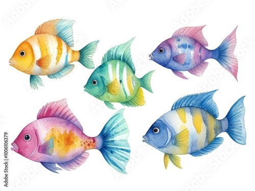 Four Colored fish painted with watercolors on a white background. Clip art, stickers.