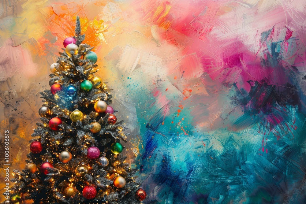 Christmas tree with ornaments featured on a vivid, colorful abstract backdrop. Christmas tree with ornaments featured on a vivid, colorful abstract backdrop.