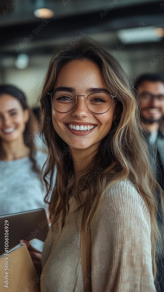 Fototapeta premium A woman with glasses is smiling and holding a laptop