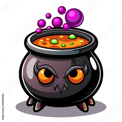 Spooky Cauldron Character: A mischievous cauldron with glowing orange eyes and bubbling purple potion,  perfect for adding a touch of Halloween fun to your designs.  