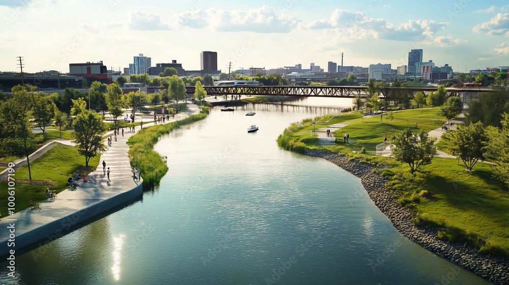 Obraz premium Landscape Urban River Park Scenic Green City AI