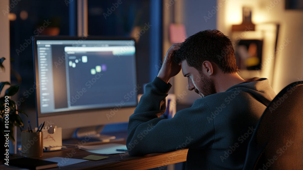 Programmer at his workplace thinks about solving a problem. He holds his head. View from the back, side Programmer at his workplace thinks about solving a problem. He holds his head. View from the back, side