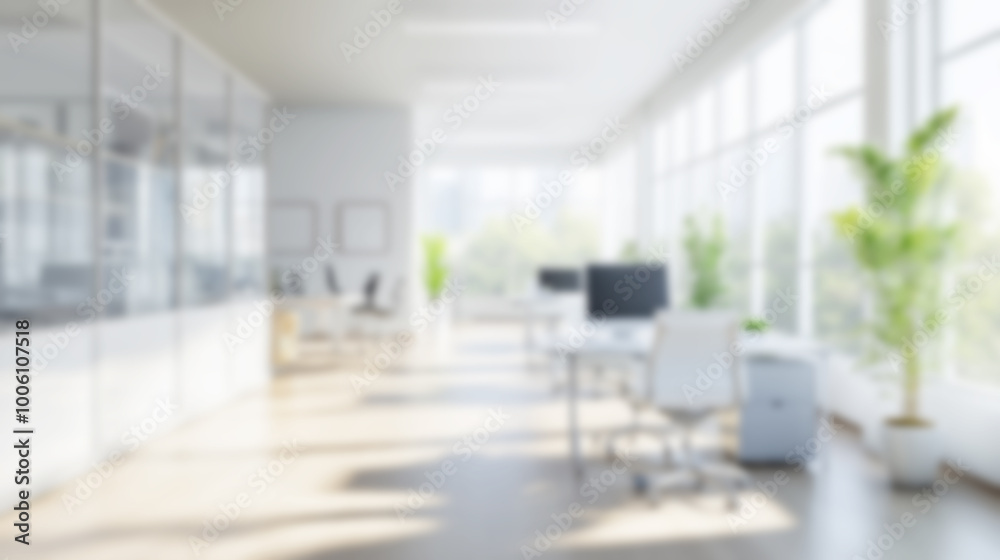 Blurred view of a bright office space during a video call with a focus on the background elements