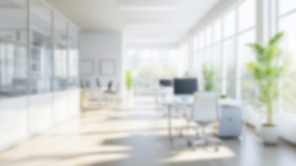 Blurred view of a bright office space during a video call with a focus on the background elements