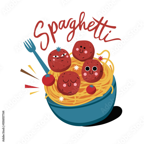 Playful and colorful illustration featuring a bowl of spaghetti