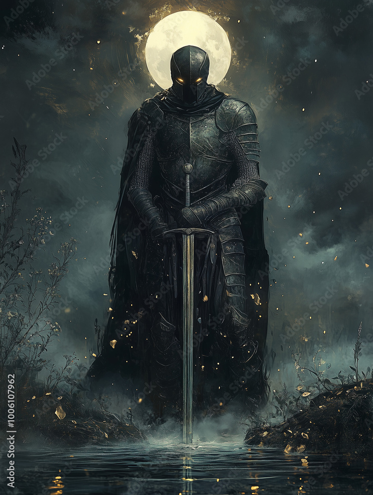 Fototapeta premium Sorrowful Dark Knight Under Moonlight