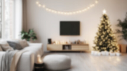 A modern minimalist living room decorated for Christmas with a blurred video call background